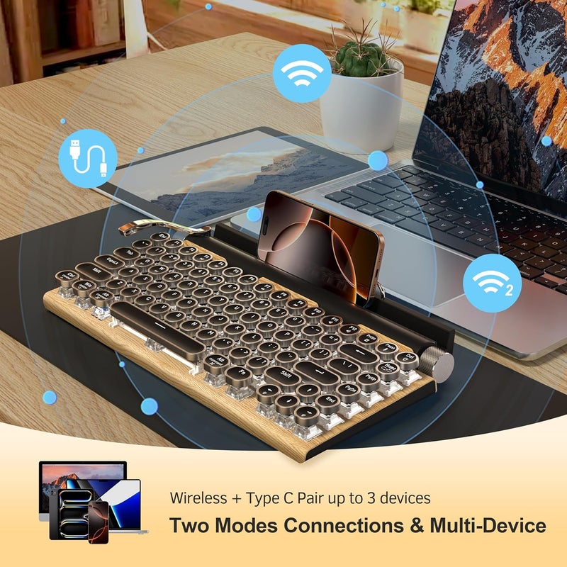 Taiahiro Retro Typewriter Wireless Mechanical Gaming Keyboard, Bluetooth 5.0 Office Computer Vintage Keyboards 83-Key Blue Switches Punk Round Keycap, LED Backlight, Compatible with PC/Laptop/Pad/Phone, Wood - Image 4